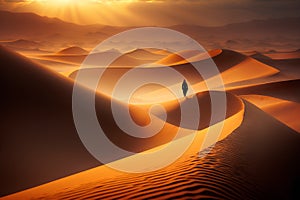 Silhouette of a woman walking on sand dunes in the desert