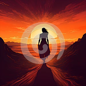 Silhouette of a Woman Walking Towards a Radiant Sunset with Flowing Dress. Generative Ai