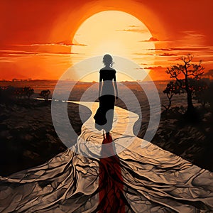 Silhouette of a Woman Walking Towards a Radiant Sunset with Flowing Dress. Generative Ai