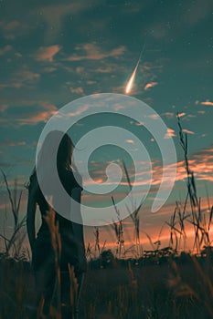 Silhouette of a Woman Watching Shooting Star in Twilight Sky with Tall Grass