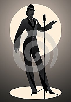 Silhouette of woman wearing hat and male clothes retro style singing