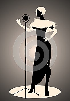 Silhouette of woman wearing retro style clothes singing in front of a vintage microphone