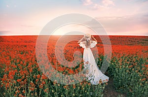 silhouette woman. white long vintage dress. Princess medieval lady in historical clothes. Straw hat boater flowers