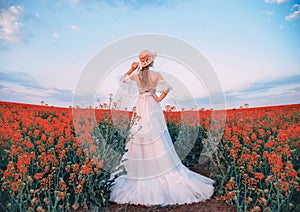 silhouette woman. white long vintage dress. Princess medieval lady in historical clothes. Straw hat boater flowers