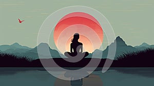 The silhouette of a woman who meditates in the lotus position in nature. Yoga, meditation.