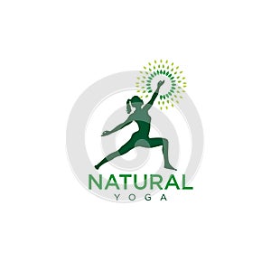 Silhouette of women, sun, and leaves, doing yoga with Nature Logo design