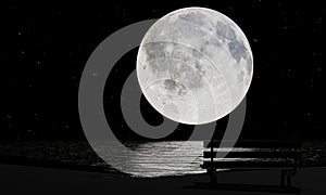 Silhouette of a wooden chair on the floor With a full moon background There are many stars in the sky and the sea floor. 3d