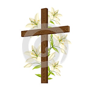 Silhouette of wooden cross with lilies. Happy Easter concept illustration or greeting card. Religious symbols of faith