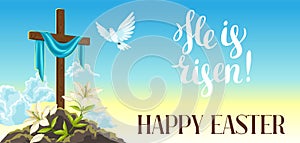 Silhouette of wooden cross with shroud, dove and lilies. Happy Easter concept illustration or greeting card. Religious