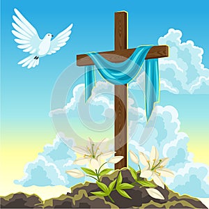 Silhouette of wooden cross with shroud, dove and lilies. Happy Easter concept illustration or greeting card. Religious photo