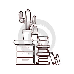 Silhouette of wooden drawer with stack of books