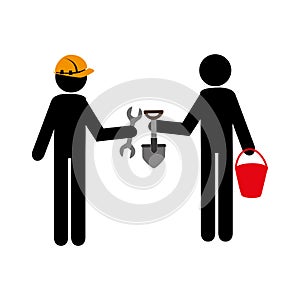 Silhouette worker men with helmet and tools building