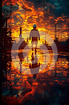 Silhouette of worker in the oil field at sunset