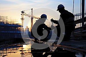 Silhouette of workers working on construction site