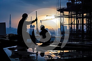 Silhouette of workers working on construction site
