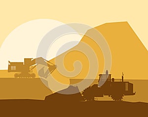 Silhouette of working bulldozer on background