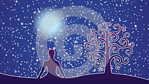 Silhouette of yoga in the lotus position against the background of a rotating mandala and the starry sky and sun