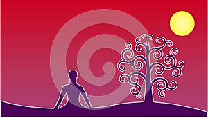 Silhouette of yoga in the lotus position and the tree of life against the background of the red sky and the sun the moon. Vector