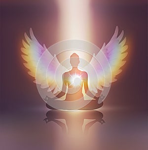 Silhouette yoga meditation, divine feminine, spiritual healing, human body energy chakras, angelic rainbow wings