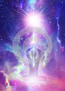 Silhouette yoga meditation, universe, nebula, healing, enlightenment, human body energy beams