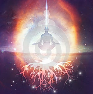 Silhouette yoga meditation, universe, nebula, healing, human body, consciousness expansion, rooths, growth