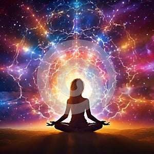 Silhouette yoga meditation, universe, nebula, healing, human body energy beams AI Generative