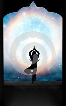 Silhouette yoga meditation, universe, portal, nebula, healing, human body energy beams