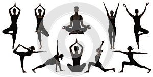 Silhouette Yoga Poses on White, Woman Asana Position Exercise