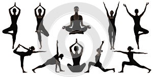 Silueta jóga představuje na bílém žena asano pozice cvičení 