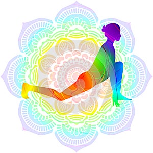 Silhouette yoga posture. Equestrian pose. Ashva Sanchalanasana. Mandala