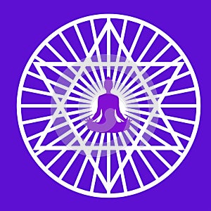 Silhouette of yogi in lotus position in a middle of a stylized pentagram symbol