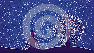 Silhouette of a yogi and a tree of life against a rotating starry sky.