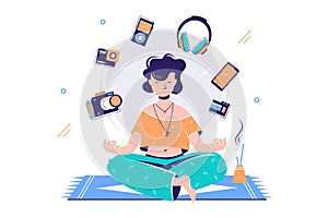 Silhouette young attractive woman meditating surround gadgets.