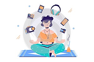Silhouette young attractive woman meditating surround gadgets. photo