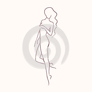 Silhouette of young beautiful long-haired nude woman with slim figure hand drawn with contour lines. Outline of female