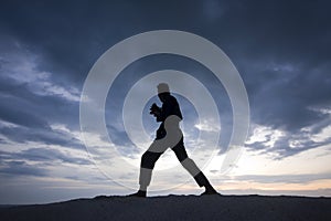 Silhouette of young boy performing a pencak silat