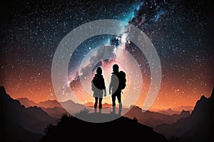 Silhouette of young couple hiker standing at the top of hill at night, created with Generative AI technology