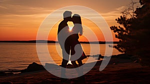 Silhouette of a young couple kissing on the beach at sunset.generated ai