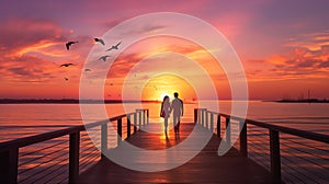 Silhouette of a young couple in love walking along the pier holding hands towards the sunset against the backdrop of the sea,