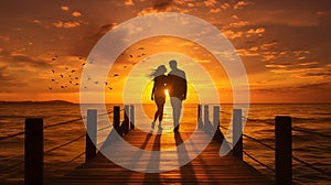 Silhouette of a young couple in love walking along the pier towards the sunset against the backdrop of the sea, clouds and flying