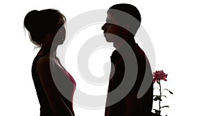 Silhouette of a young couple in love on white isolated background, man brought flower to offended girl to make amends, concept of photo