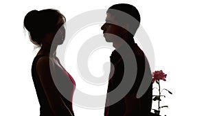 Silhouette of a young couple in love on white isolated background, man brought flower to offended girl to make amends, concept of