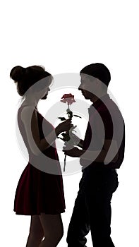 Silhouette of a young couple in love on white isolated background, man gives a woman a rose flower, concept love