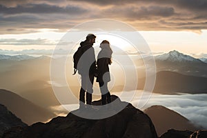 Silhouette of young couple standing on top of a mountain and looking at sunrise, A couple hiking and sharing an intimate moment on