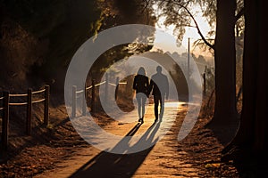 Silhouette of a young couple walking along the forest road at sunset