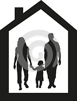 Silhouette of a young family with child in the house, vector illustration. Buying your own home. Protection in your own home