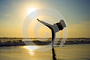 Silhouette of young fit Muslim woman covered in Islam hijab head scarf training martial arts karate kick attack and fitness