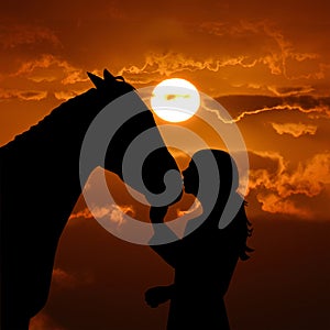 Silhouette of a young girl with horse giving him a kiss over sunset background