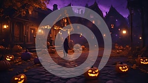 Silhouette of young girl lost in a spooky Halloween town night, with pumpkins jack-o-lanterns all around, in the autumn ai created