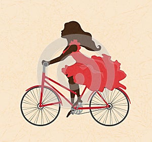 Silhouette of young girl on red bike on scratched yellow background.